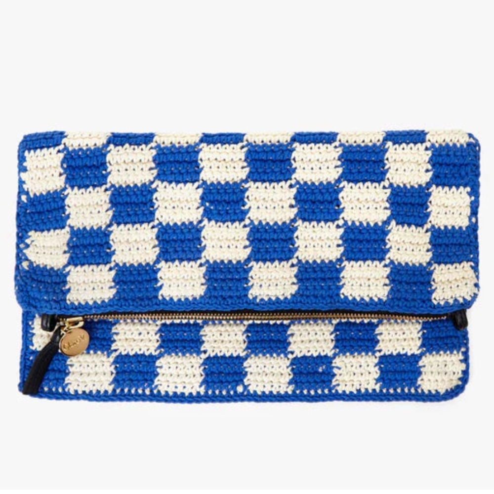 NWOT Clare V. Fold over Clutch Crochet Checker Cobalt/Cream
